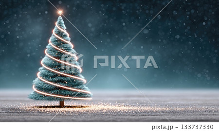 Festive Christmas Tree with Glowing Spiral Lights in Winter Atmosphere Festive Christmas Tree with Glowing Spiral Lights in Winter Atmosphere 133737330