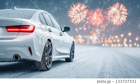 White Car on Winter Road with Fireworks in the Snowy Night Sky White Car on Winter Road with Fireworks in the Snowy Night Sky 133737331