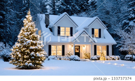 Cozy Snow-Covered House Decorated with Christmas Lights in Winter Forest 133737374