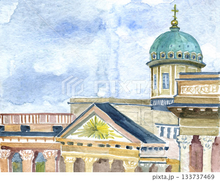 Watercolor illustration of Kazan Cathedral in Saint Petersburg, featuring its iconic dome, classical columns, and architectural details. Ideal for travel prints, postcards, wall art, editorial design Watercolor illustration of Kazan Cathedral in Saint Petersburg, featuring its iconic dome, classical columns, and architectural details. Ideal for travel prints, postcards, wall art, editorial design 133737469