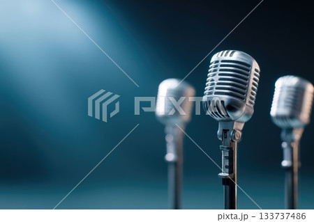 Vintage microphones under stage spotlight on dark background 133737486