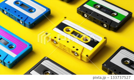 Vibrant Retro Audio Cassettes Arranged on Bright Yellow Background 133737527