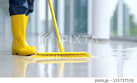 Yellow Boots and Mop Cleaning Wet Floor in Bright Modern Interior 133737538