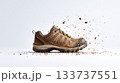 Muddy Hiking Shoe in Motion with Flying Dirt Particles 133737551