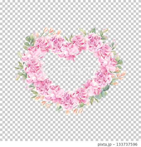 Floral heart shape. Pink rose wreath composition template. Love frame for Valentine's Day. Watercolor illustration isolated from background. Affectionate bud of blossom flower for wedding, holidays 133737596