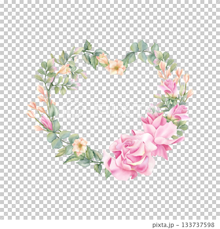 Floral heart shape frame. Leaves, delicate pink rose wreath, template. Love concept of Valentine's Day, Rustic style. Watercolor illustration isolated from background. Affectionate flower for wedding Floral heart shape frame. Leaves, delicate pink rose wreath, template. Love concept of Valentine's Day, Rustic style. Watercolor illustration isolated from background. Affectionate flower for wedding 133737598