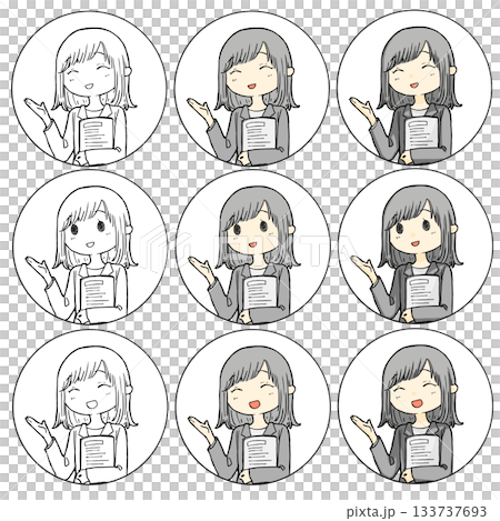 Business style. A smiling, likable woman's information illustration. Icon style. Monochrome color, facial expression options. 133737693