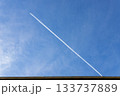 A jet leaving a clear white contrail across a bright blue sky, creating a clean minimal travel and aviation scene with open space. 133737889