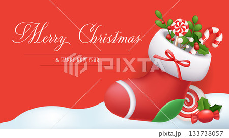 Merry Christmas and Happy New Year greeting card. Holiday banner design with Santa Claus sock with candy cane, lollipops, holly berry and green leaves. Festive invitation poster. Vector illustration. 133738057