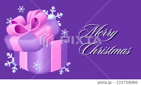 Merry Christmas and Happy New Year greeting card. Holiday minimalist banner design with flying snowflakes around purple with pink gift box with open lid in 3d render effect. Vector illustration. 133738060