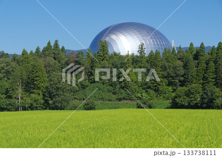 田園地帯から見る福井県立恐竜博物館の恐竜ホール 133738111