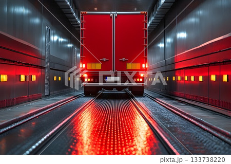 Red delivery truck in a modern industrial tunnel with red reflections on metal flooring 133738220