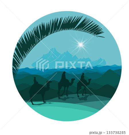 Happy epiphany day design in a circle. Three wise men on camel, bright star, nativity of Jesus. hand drawing. Not AI, Vector illustrations. Happy epiphany day design in a circle. Three wise men on camel, bright star, nativity of Jesus. hand drawing. Not AI, Vector illustrations. 133738285