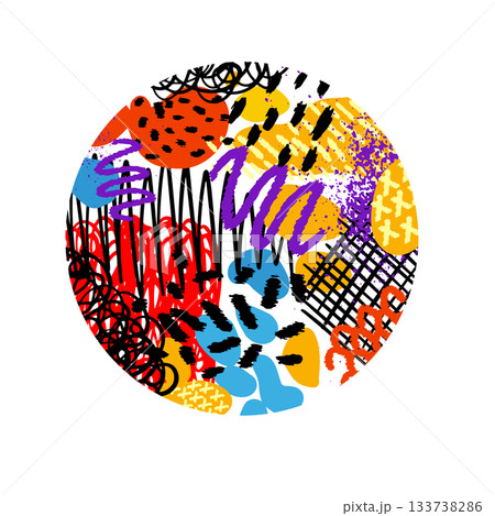Abstract circle made of colored decorative elements. hand drawn. Not AI. Vector illustration. 133738286
