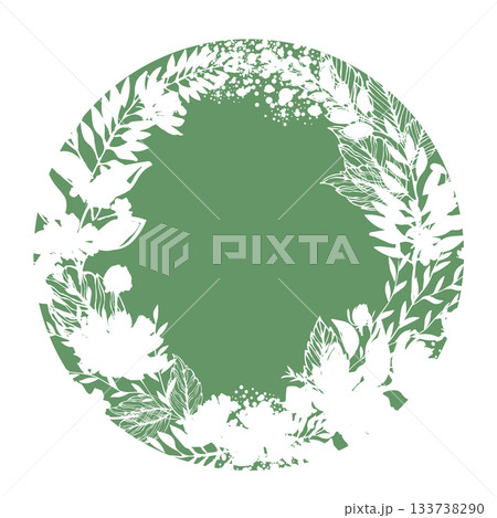 Round green frame with flowers hand drawn. Not AI, Vector illustration 133738290