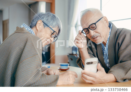 旅館の和室でスマホを一緒に眺める高齢夫婦 133738466