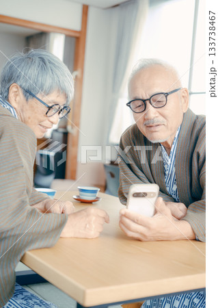 旅館の和室でスマホを一緒に眺める高齢夫婦 133738467
