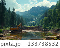 Excavator working near a forest valley with mountains and a distant waterfall 133738532