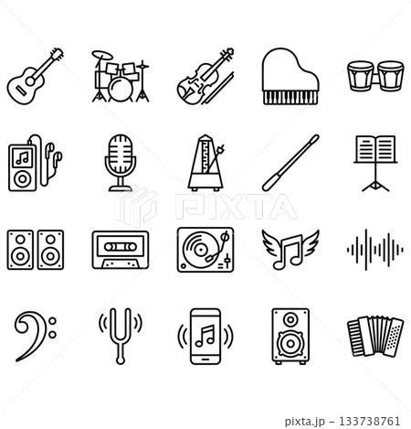 Vector set of 20 musical instrument and audio line icons. Black outline symbols including guitar, piano, drums, microphone, turntable, and sound wave on a white background. Clean minimalist design. Vector set of 20 musical instrument and audio line icons. Black outline symbols including guitar, piano, drums, microphone, turntable, and sound wave on a white background. Clean minimalist design. 133738761