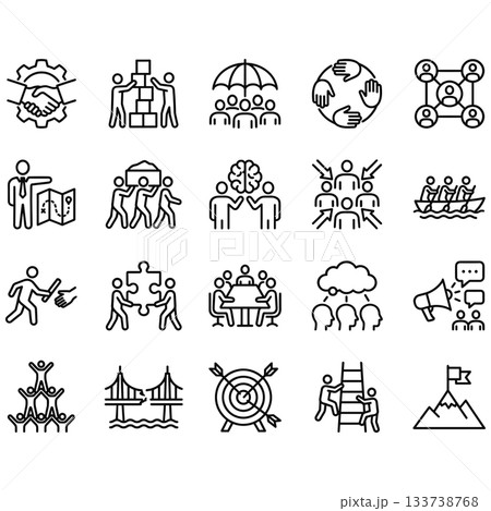 Teamwork and business strategy line icon set. 20 outline vectors showing collaboration, leadership, goals, partnership, and success scenarios for corporate design. 133738768