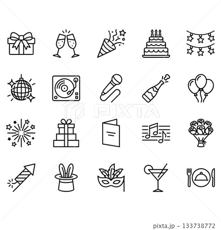 Celebration and party line icon set. 20 vector outline symbols for birthday, New Year, events, holidays, nightlife, and fun. Minimalist black design. 133738772