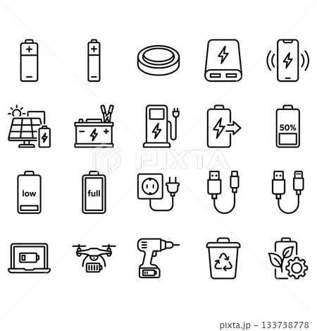 Battery and charging line icon set. 20 outline vector symbols for power, energy, EV station, solar, devices, levels, cables, and recycling. Battery and charging line icon set. 20 outline vector symbols for power, energy, EV station, solar, devices, levels, cables, and recycling. 133738778