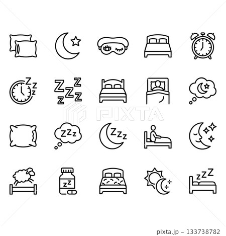 Sleep and rest line icon set. 20 vector outline symbols of bed, pillow, moon, alarm clock, sheep, mask, and zzz for nighttime and relaxation. Sleep and rest line icon set. 20 vector outline symbols of bed, pillow, moon, alarm clock, sheep, mask, and zzz for nighttime and relaxation. 133738782
