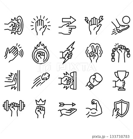 Power and action line icon set. 20 outline symbols for hand gestures, strength, impact, and victory. Minimalist vector design for fight, protest, and achievement concepts. Power and action line icon set. 20 outline symbols for hand gestures, strength, impact, and victory. Minimalist vector design for fight, protest, and achievement concepts. 133738783