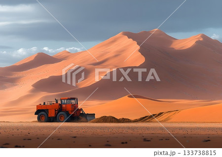 Large loader moving sand at the base of towering orange dunes under soft afternoon light 133738815