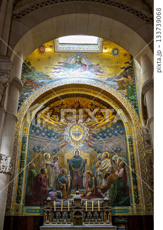 Interior of the Basilica in the Sanctuary of Lourdes, France. 133739068