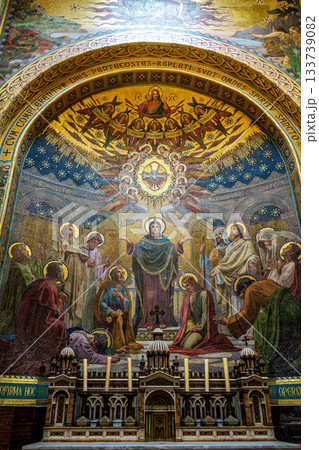 Interior of the Basilica in the Sanctuary of Lourdes, France. 133739082