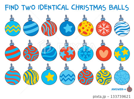 Find two identical Christmas balls puzzle for kids. Spot it Find two identical Christmas balls puzzle for kids. Spot it 133739621