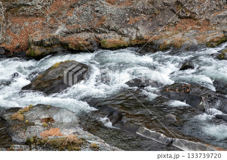渓流の秋の滝の流れ 133739720