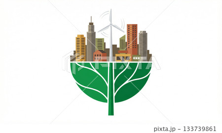 Illustration of a sustainable city supported by green leaves. Environment and sustainability concept 133739861