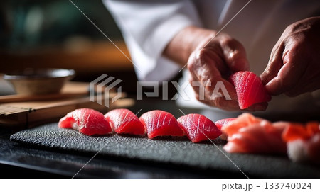 マグロの寿司を握る板前 133740024
