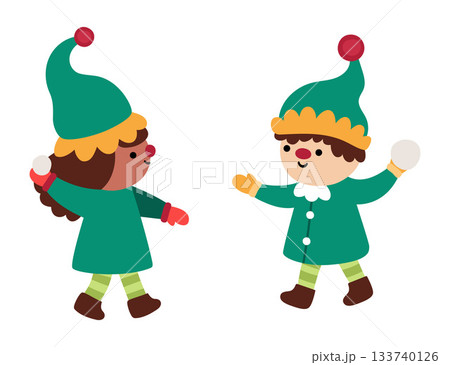 Vector Christmas elf boy and girl playing snowballs. Cute new year symbol gnome in green hats doing winter sport illustration for kids. Winter holiday dwarf icon isolated on white background 133740126