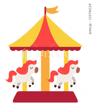 Vector merry-go-round with horses. Traditional retro carousel for kids. Simple holiday or Christmas fair ride. Amusement park attraction clipart for children 133740129