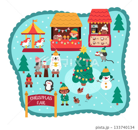 Vector Christmas fair landscape. Holiday market detailed scene with cute animals, birds drinking coffee, merry-go-round. New year village background for kids with sweet stand with elf 133740134