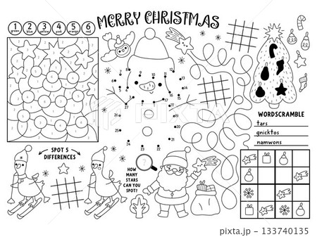 Vector Christmas village placemat for kids. Winter holiday printable activity mat with maze, tic tac toe charts, connect the dots, find difference. New Year black and white play mat or coloring page 133740135