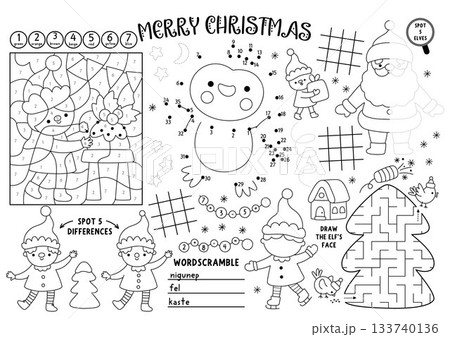 Vector Christmas village placemat for kids. Winter holiday printable activity mat with maze, tic tac toe charts, connect the dots, find difference. New Year black and white play mat or coloring page Vector Christmas village placemat for kids. Winter holiday printable activity mat with maze, tic tac toe charts, connect the dots, find difference. New Year black and white play mat or coloring page 133740136