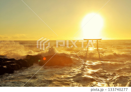 茨城県　大洗磯前神社　鳥居と波しぶき 133740277