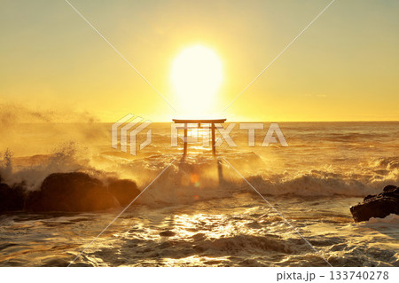 茨城県　大洗磯前神社　鳥居と波しぶき 133740278