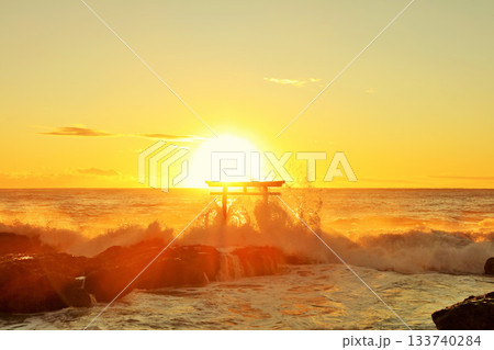 茨城県　大洗磯前神社　鳥居と波しぶき 133740284