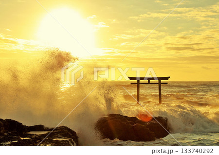 茨城県　大洗磯前神社　鳥居と波しぶき 133740292