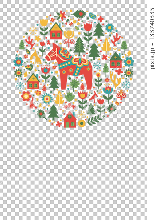 【新年賀卡】圓形裝飾邊框,飾以達拉納馬和北歐圖案 【新年賀卡】圓形裝飾邊框,飾以達拉納馬和北歐圖案 133740335