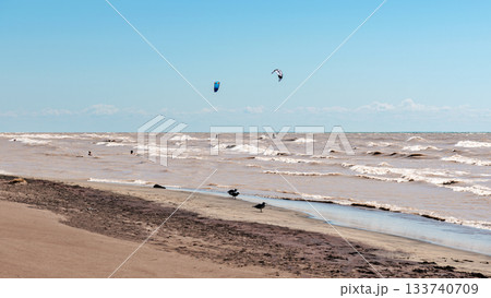 Kite surfing in Long Point beach on Lake Erie, Ontario, Canada 133740709