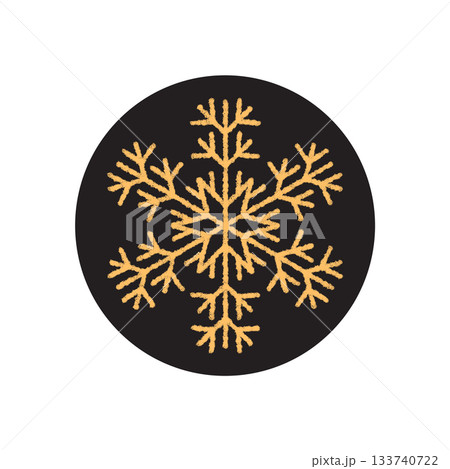 Gold crayon snow flake badge as round ornament label with black background. Snowflake icon and winter package seal for box decoration. Christmas theme in striking gold and black tones. 133740722