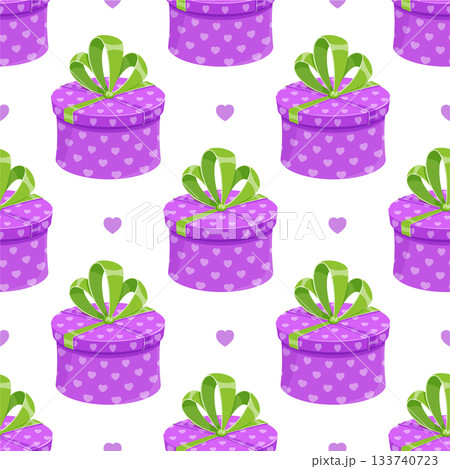 Seamless cartoon pattern of gift boxes with ribbon and bow. Present and package theme, perfect for birthday surprise events. Colorful festive design, ideal for holiday celebration needs. 133740723