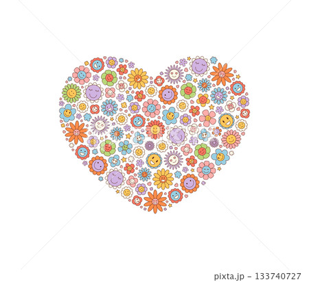 Groovy retro heart floral sticker with cute colorful flower and smiley shapes. Y2k love concept in a cheerful pattern. Bright and positive background for playful creative projects. Groovy retro heart floral sticker with cute colorful flower and smiley shapes. Y2k love concept in a cheerful pattern. Bright and positive background for playful creative projects. 133740727
