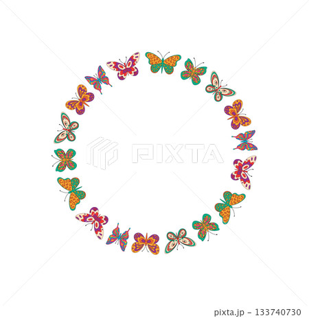 Groovy retro butterfly in colorful floral circle frame, seamless border and y2k nature style pattern. Graphic art forms bright pattern with flower and vibrant decorative edge, modern trendy accent. 133740730